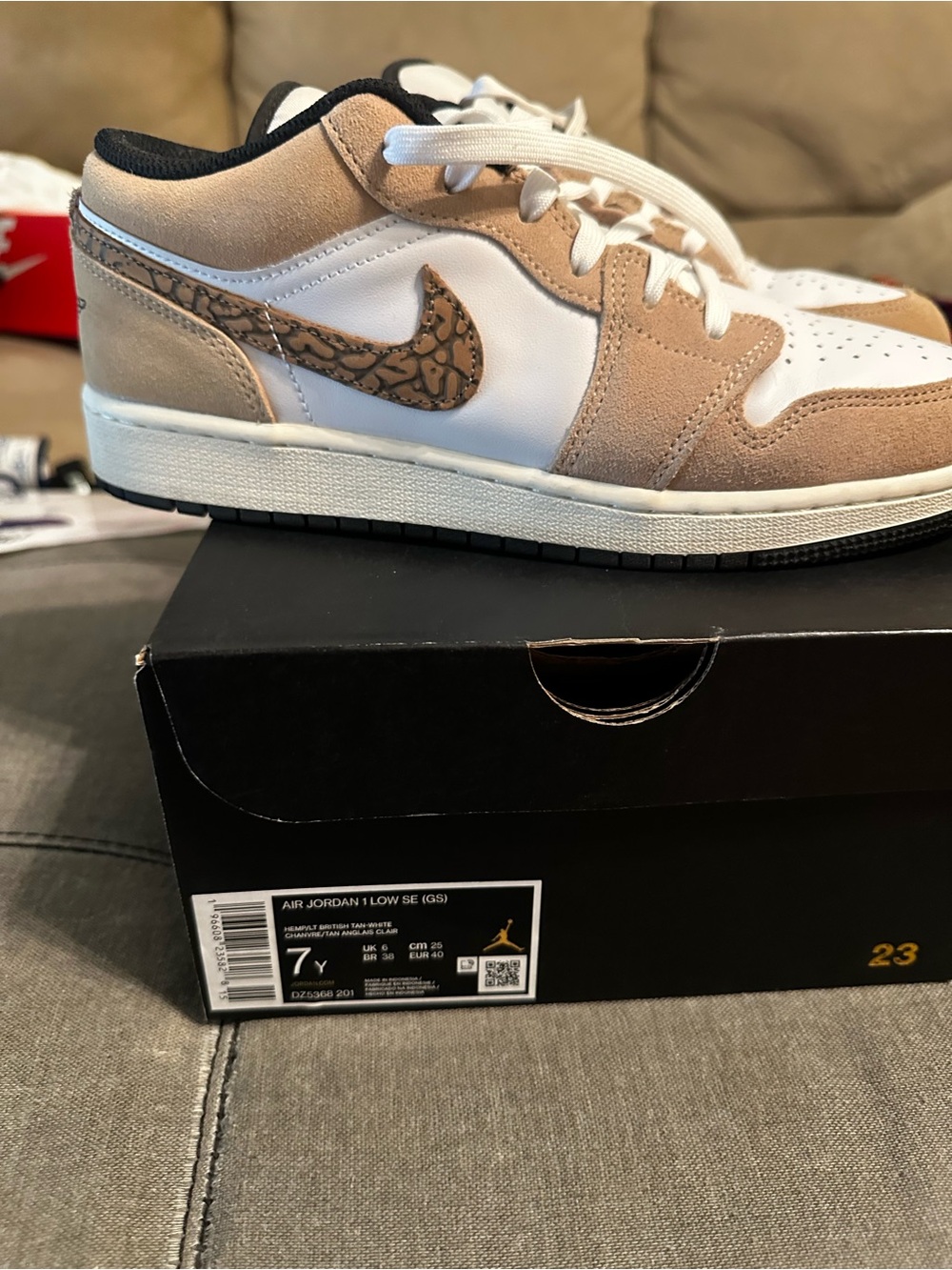Jordan Low Sneaker in White & Tan with Brown Textured Swoosh